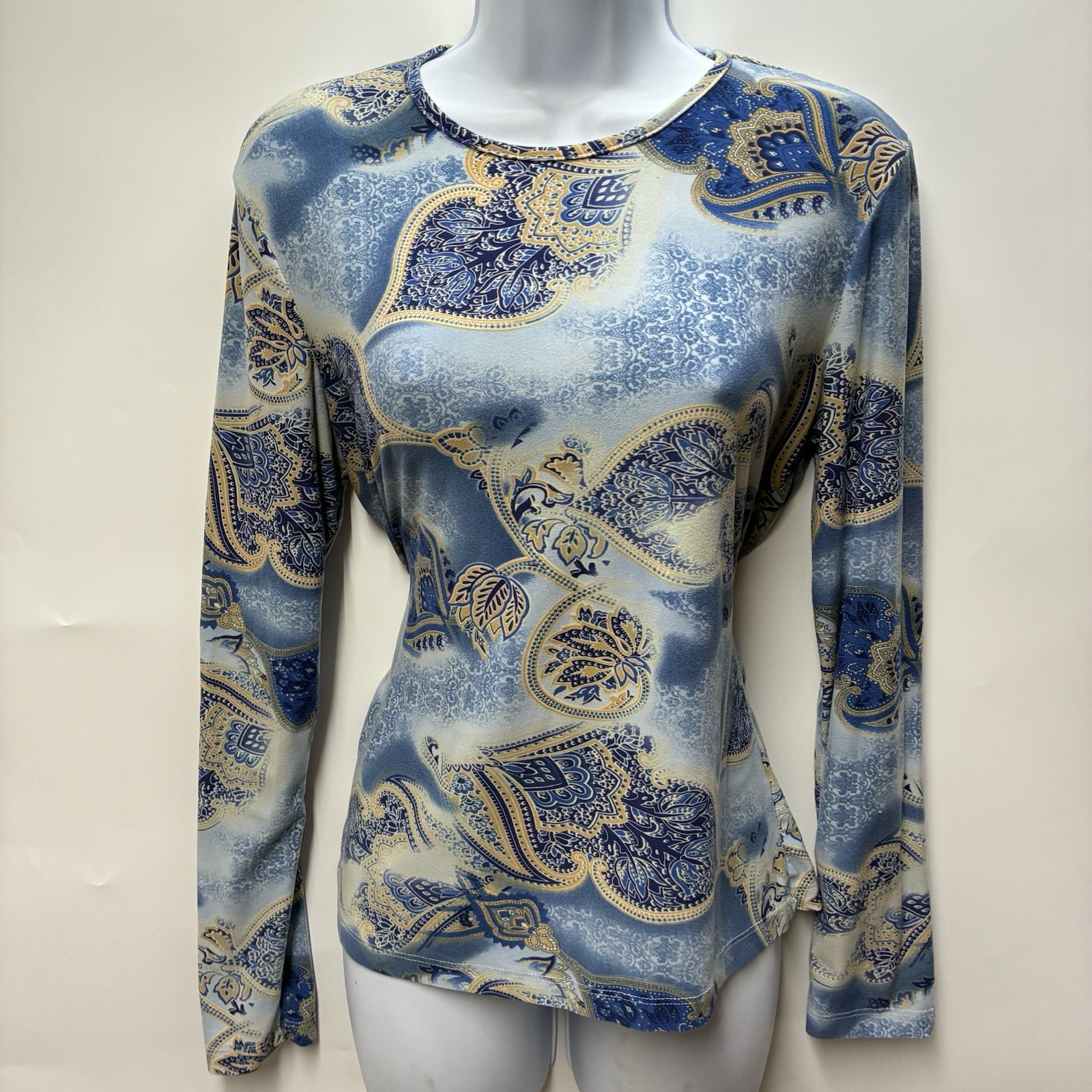 Vintage 90s Zn M Blue Yellow Paisley AOP Long Sleeve Shirt Fairy Whimsical Y2K