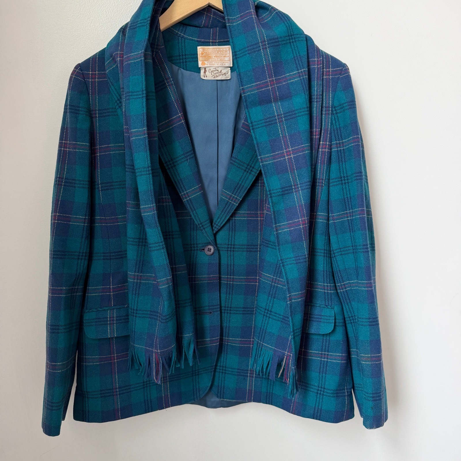 Vintage Pendleton Teal Plaid Wool Blazer and Scarf Set ACADEMIA USA Small Medium