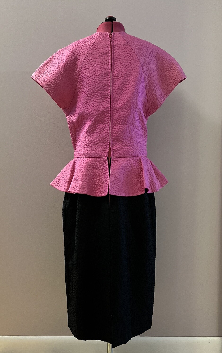 Vintage Ted Lapidus Couture Paris Hot Pink & Black Beaded Dress Peplum 4/6 Glam