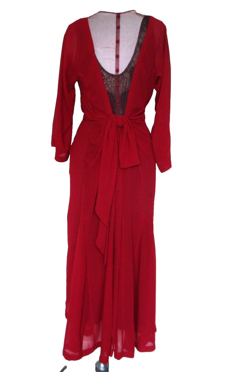Vtg 30s Style Handmade Dress Womens S/M Red Chiffon Lace Cami Mesh Inset