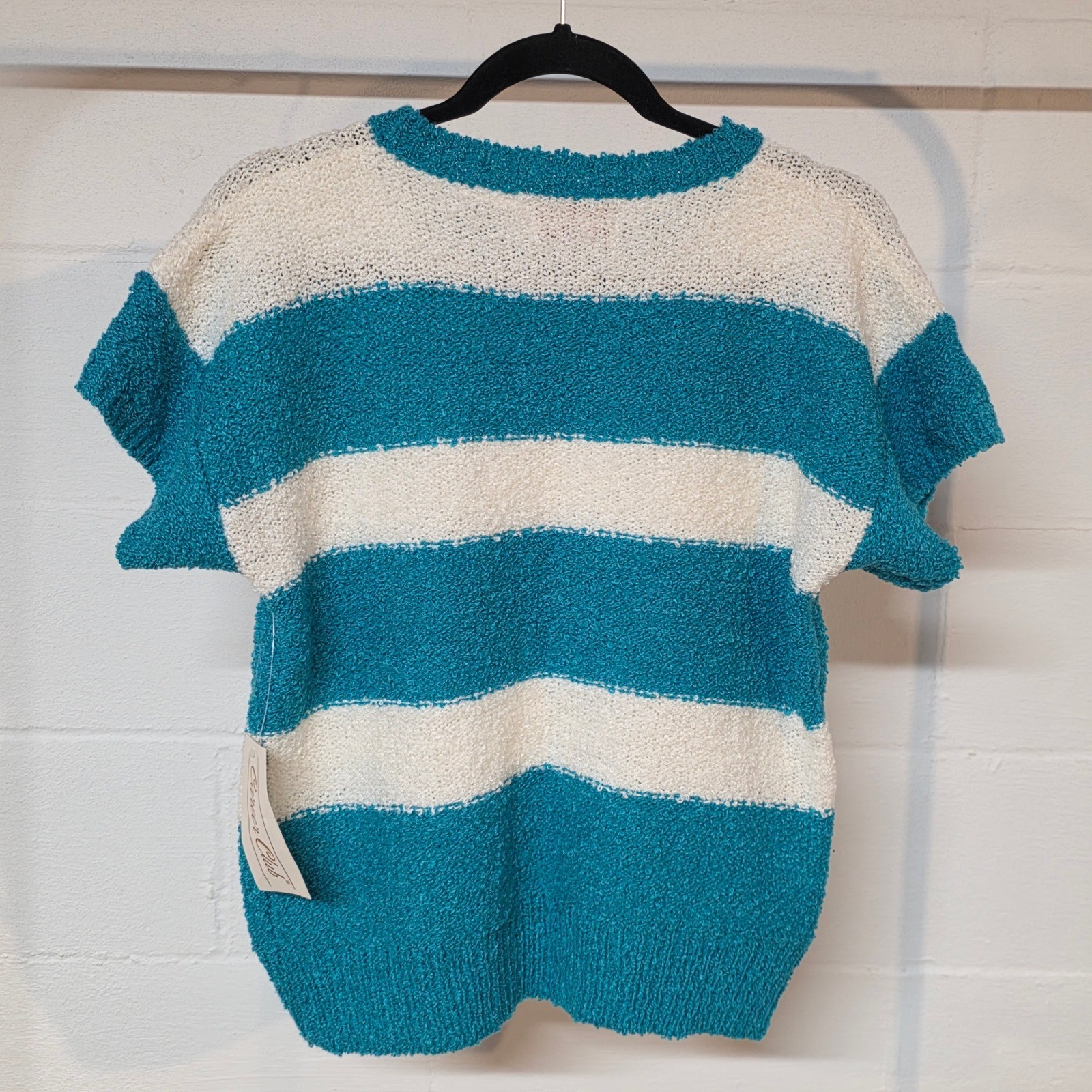 Vintage Career Club Teal White Striped Boucle Short Sleeve Sweater L78362