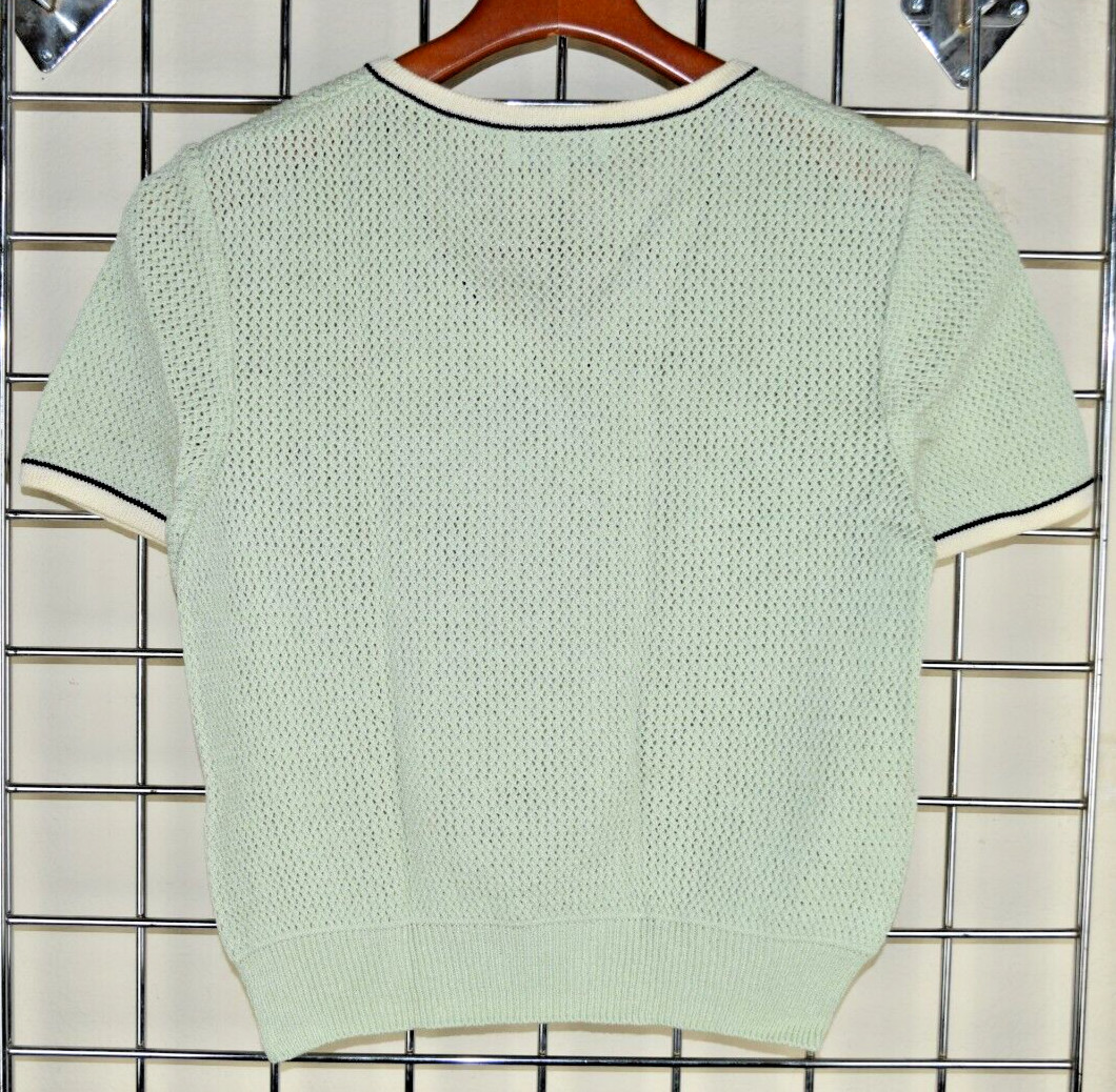 Vintage St John Knit Sweater Size S/M 80s Pale Mint Green Ivory Black Trim