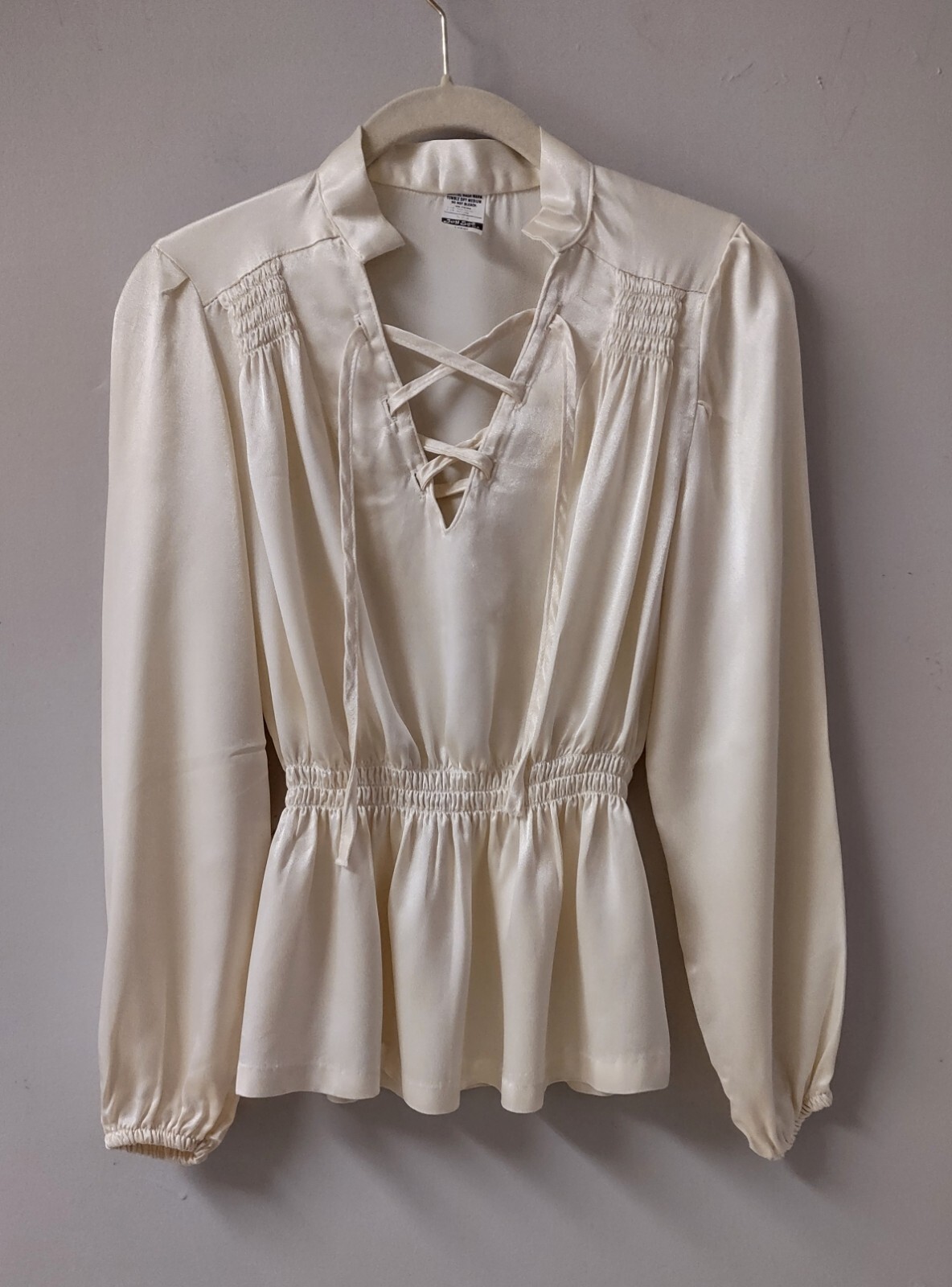 Vintage 70’s Ivory Satin Smocked Corset Tie Renaissance Poet Blouse Joy See S