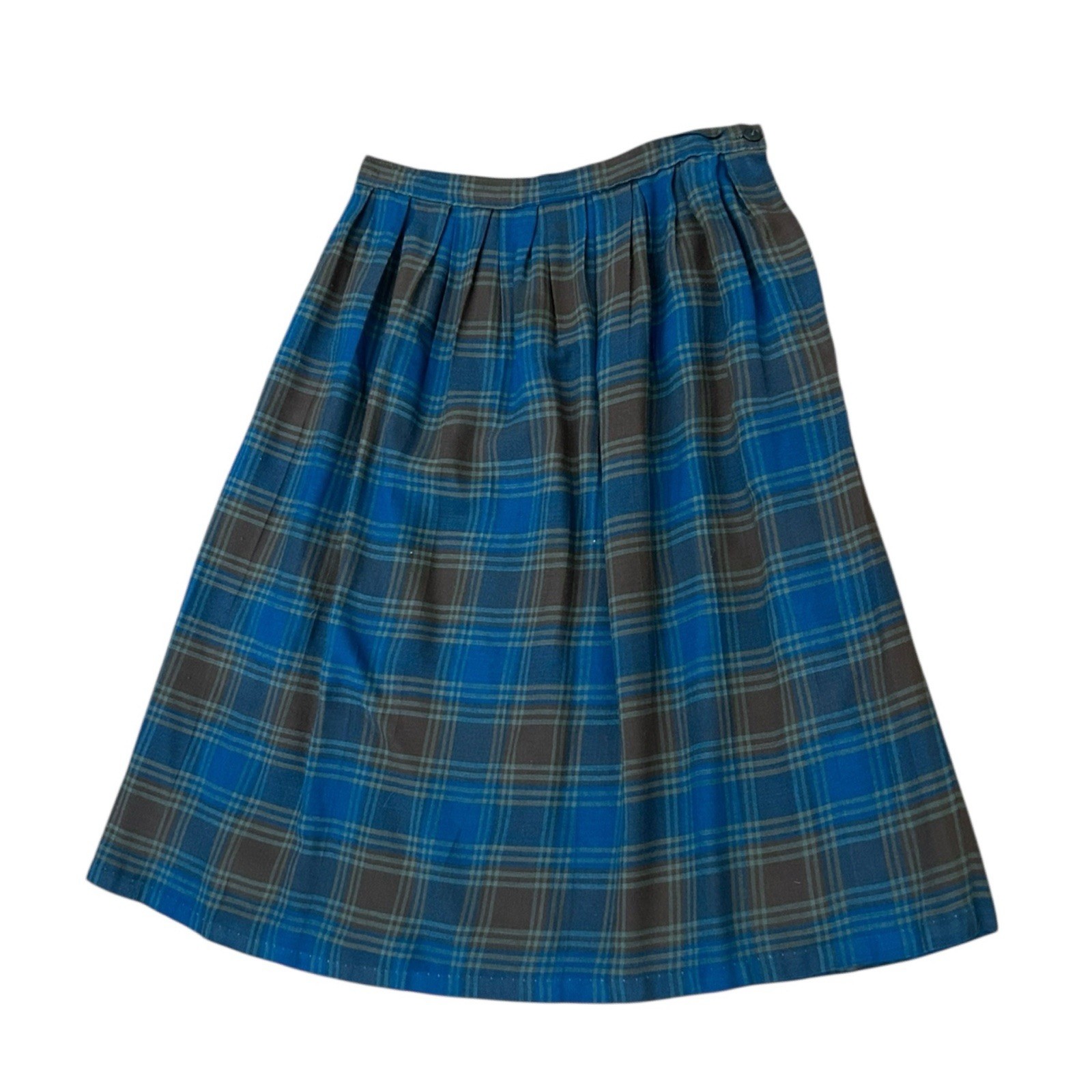 Vintage 50s Blue Brown Plaid Pleated A-Line Skirt Side Zip Mid Century XS