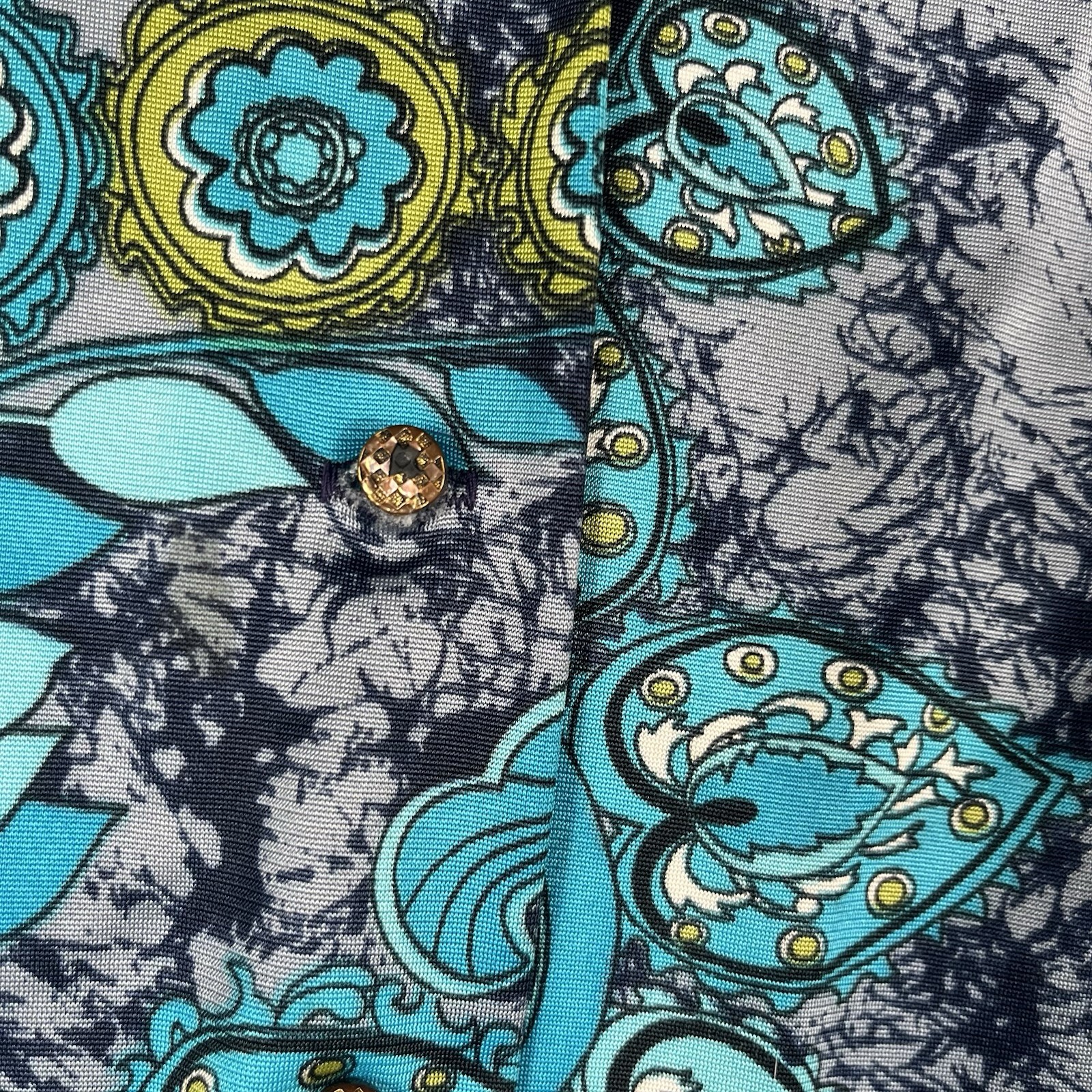 VTG 70s Pykettes Shirt Womens Psychedelic Paisley Floral Turquoise M/L Disco