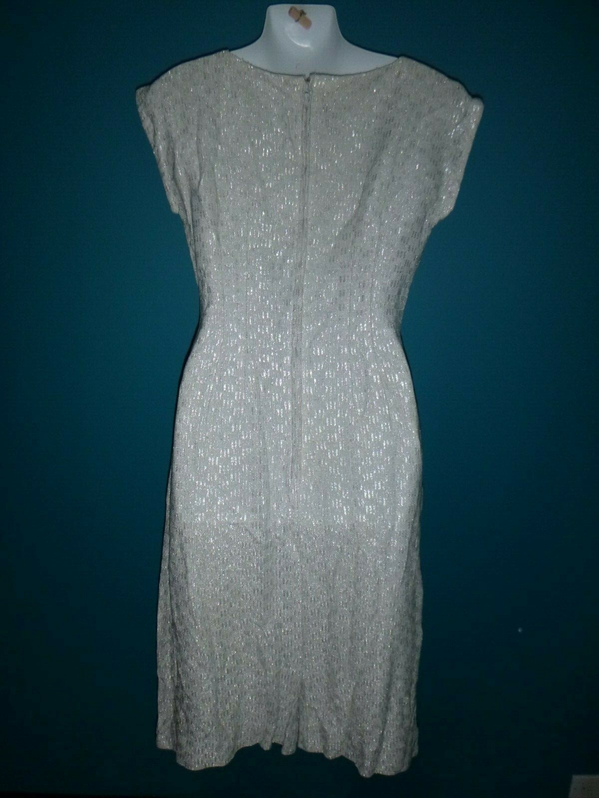 Vtg 50’s 60’s Silver Lame Wiggle Shift Cocktail Dress metallic Threads Size M