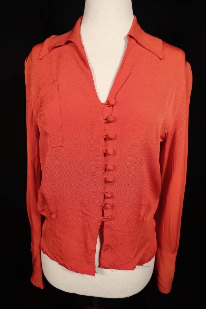 Vintage 1940’s WWII Era French Orange Red Rayon Crepe Blouse Size Med VG Cond