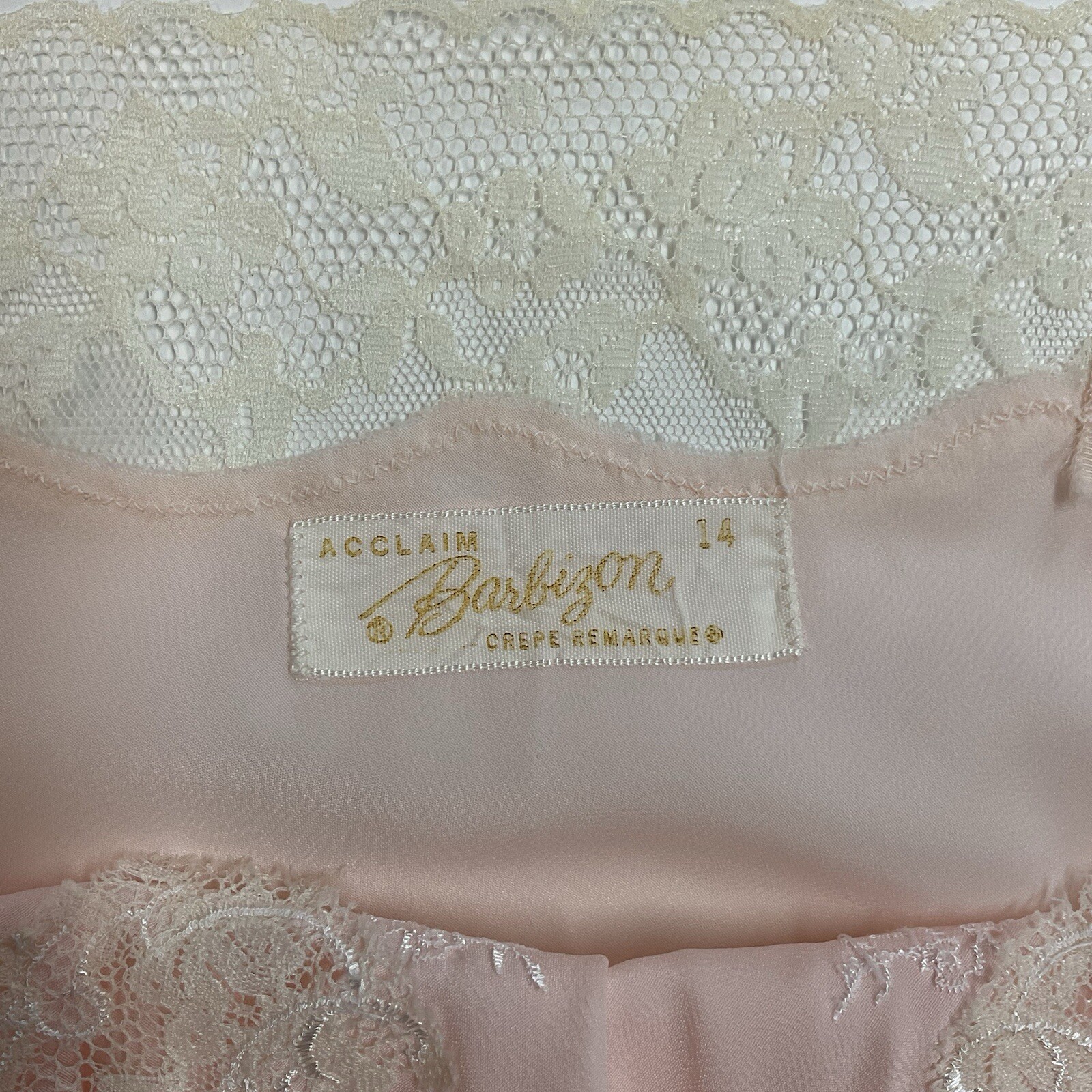 Vintage Barbizon 14 Pink Acclaim Full Slip Dress Crepe Remarque Lace Trim Insets