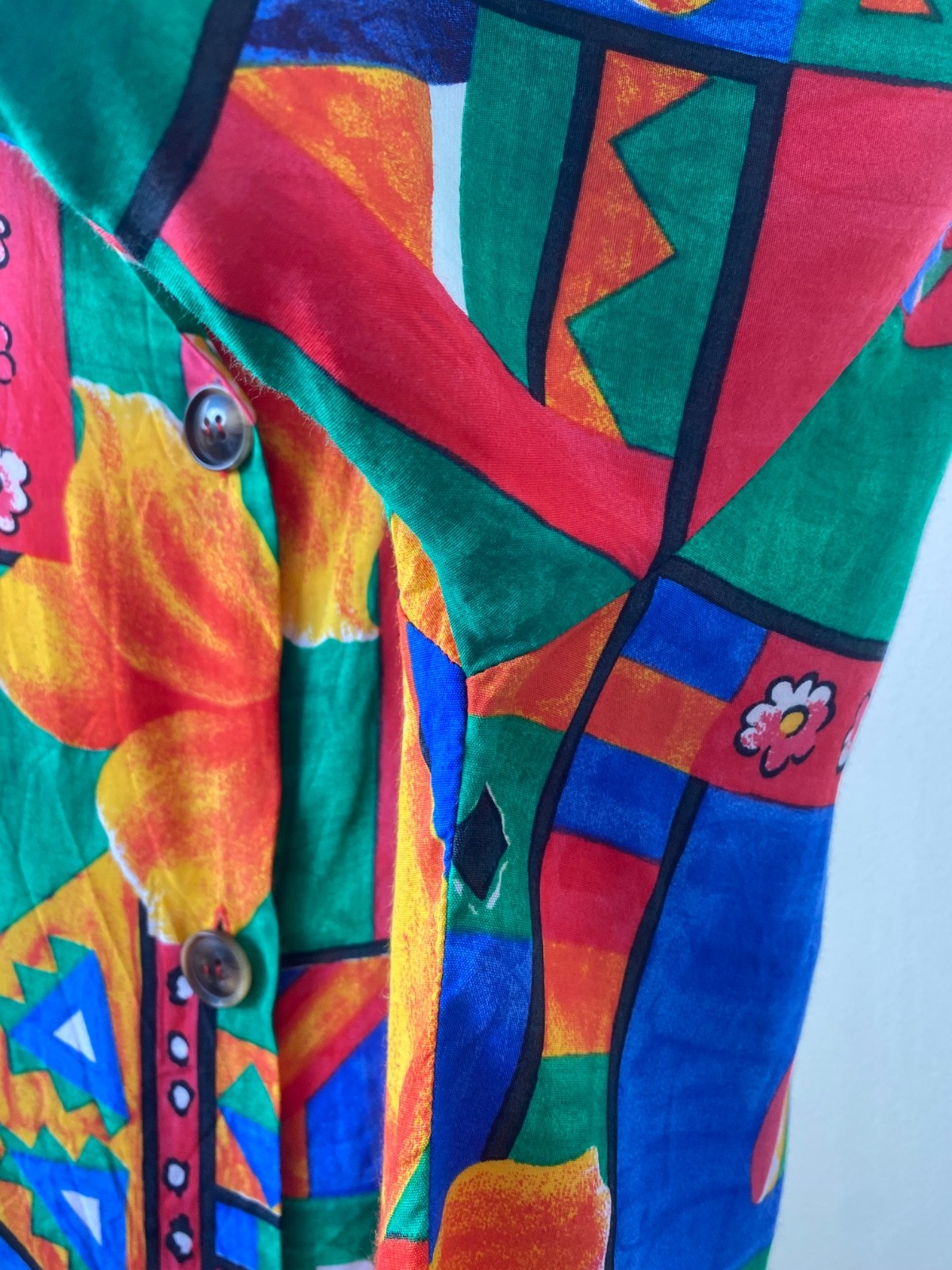Vintage 80s 90s French Colorblock Shirt Abstract Floral Viscose Blouse France