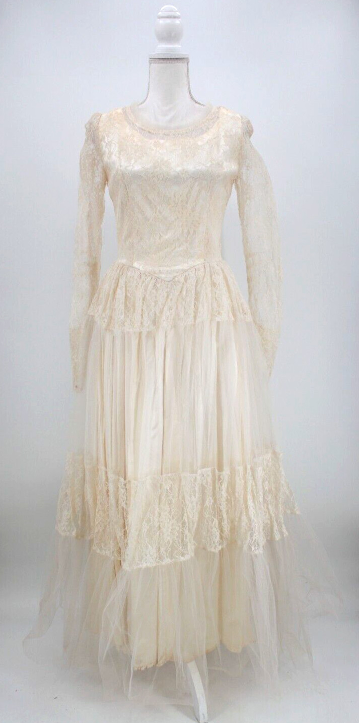 Vtg Women’s 40s 50s Ivory Lace Maxi Wedding Dress Long Gown Sz S/M Satin Skirt