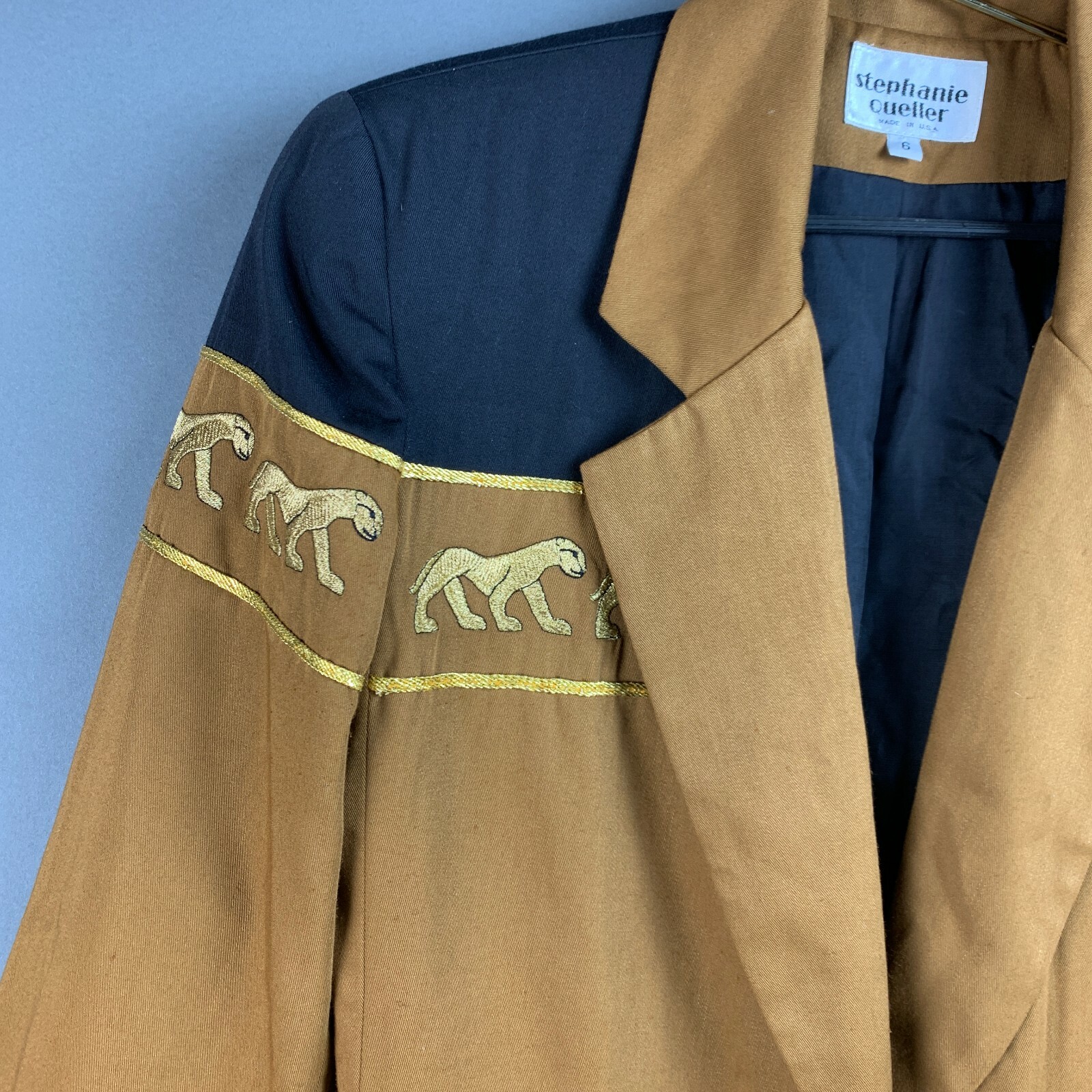 Vintage 1994 Stephanie Queller USA Colorblock Brown Gold Black Jaguar Blazer 6