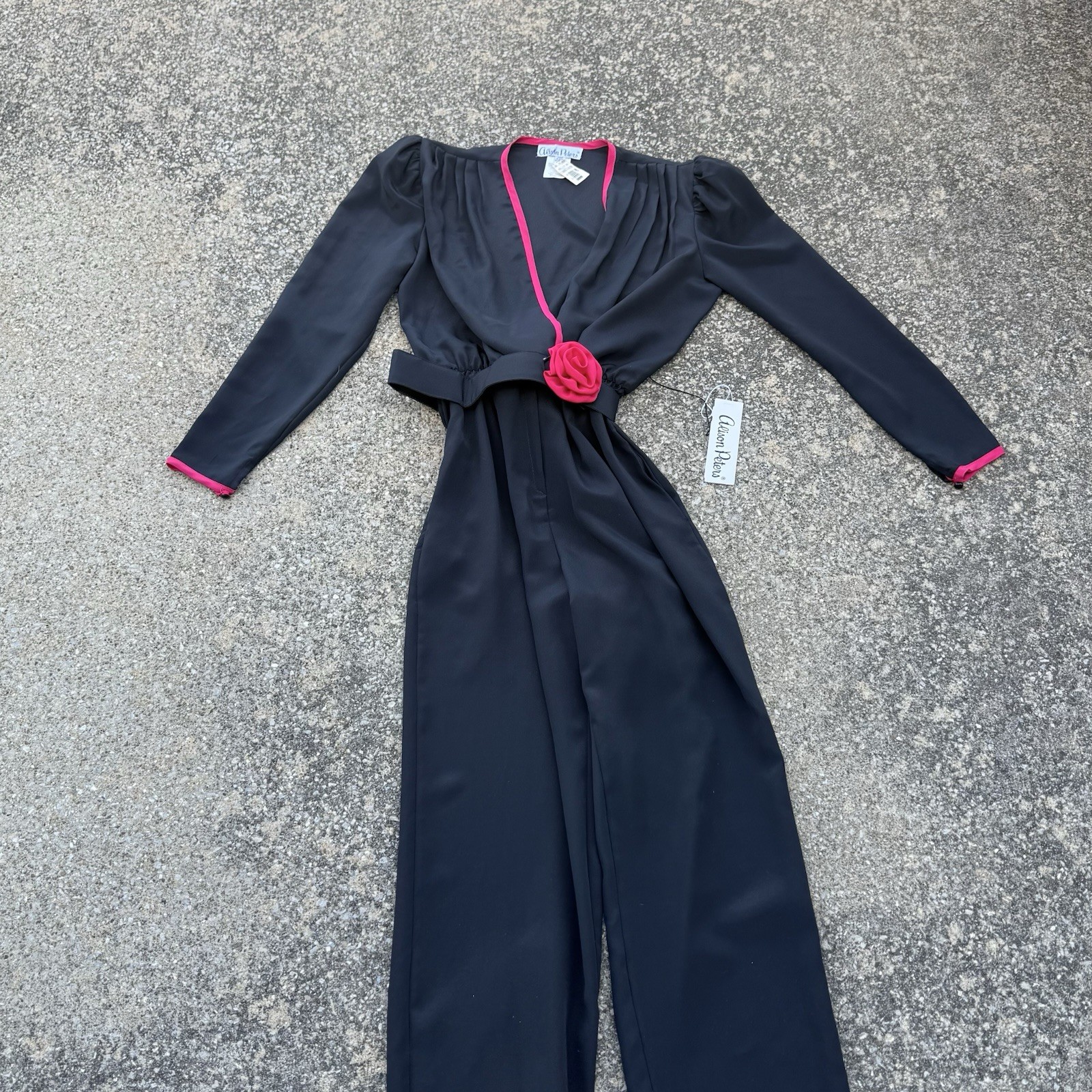 Vintage NOS Alison Peters Jumpsuit Womans Size 10 Black & Pink Belted 1970’s USA