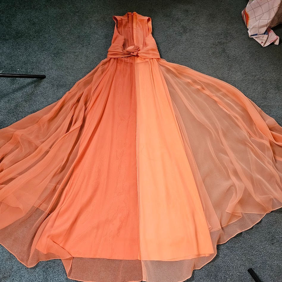 Vtg 70s Peach Chiffon Formal Maxi Dress Rosette Prom Bewitched Party Wedding S