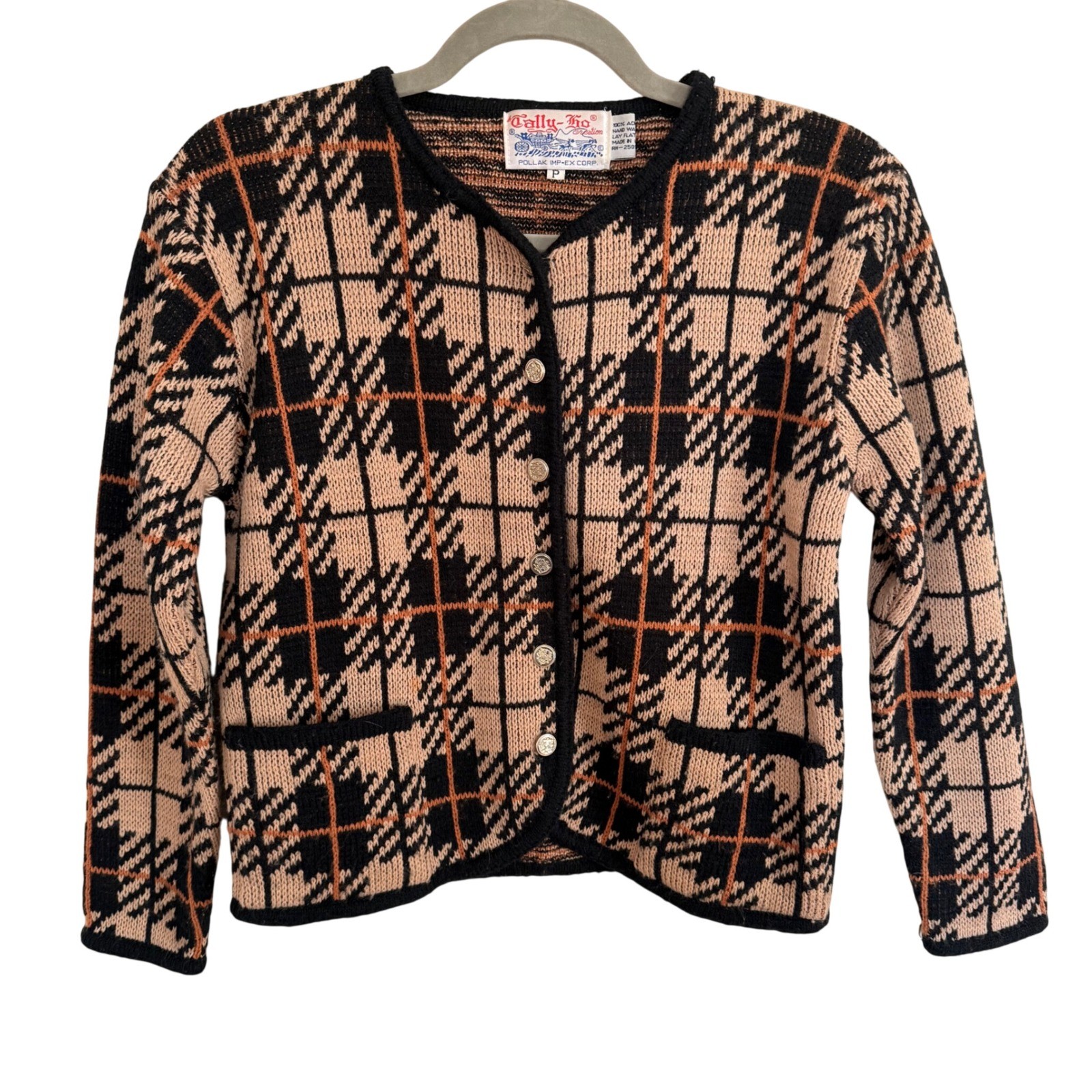 Vintage Tally-Ho Plaid Cardigan Sweater Tan Black Small Preppy Academia