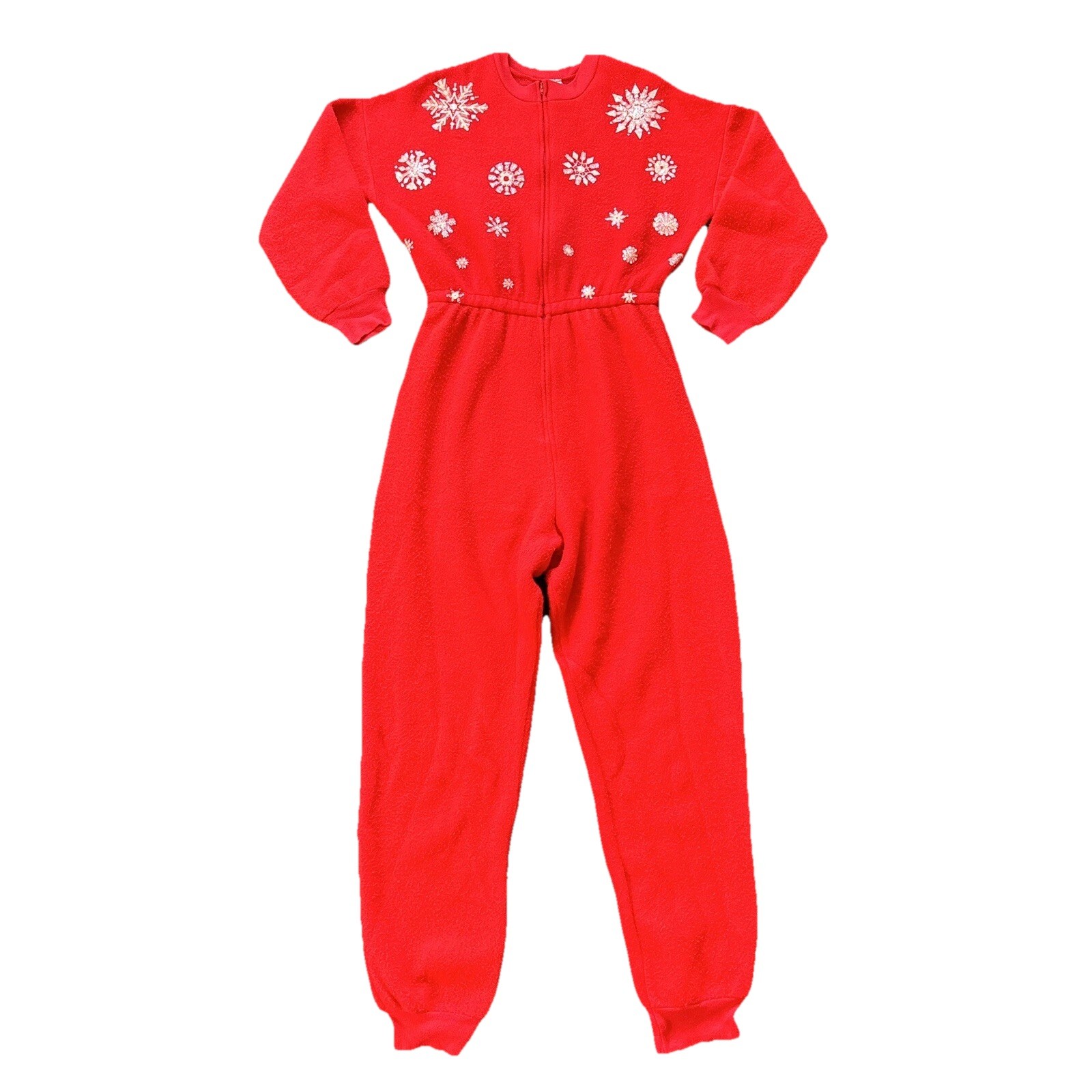 Vintage Fleece One Piece Pajamas Womens MED Red PJs Christmas Jumper 70s 80s USA
