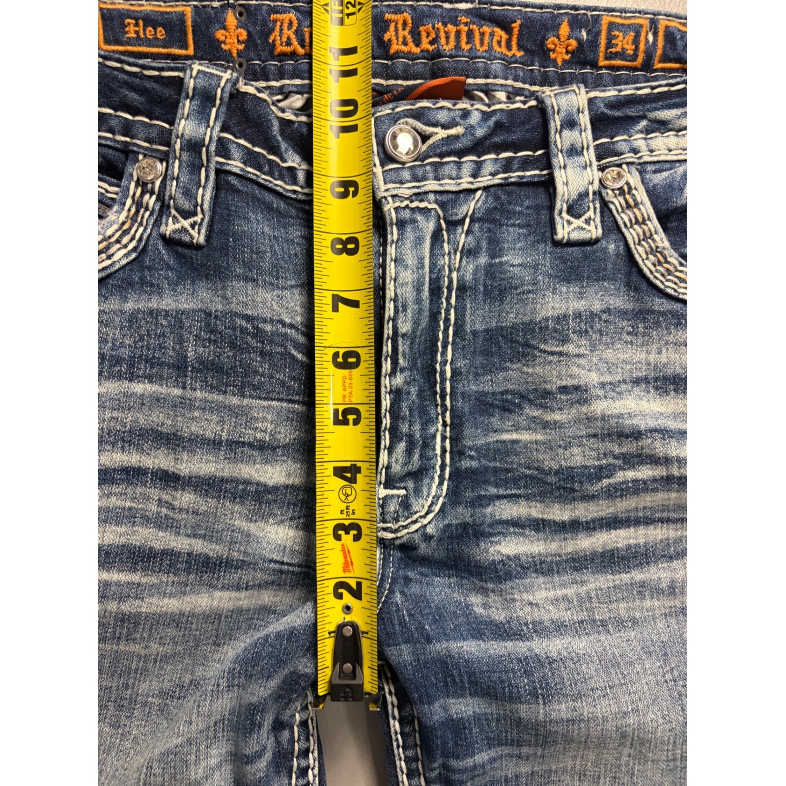 Rock Revival Hee Boot Jeans Womens 36×30 Blue Thick Stitch Flap Pocket Denim