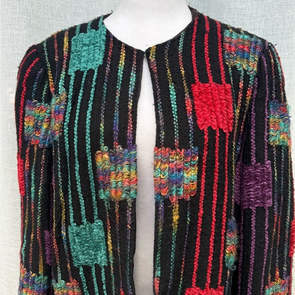 Vintage knitted multicolor patchwork black red green cardigan jacket