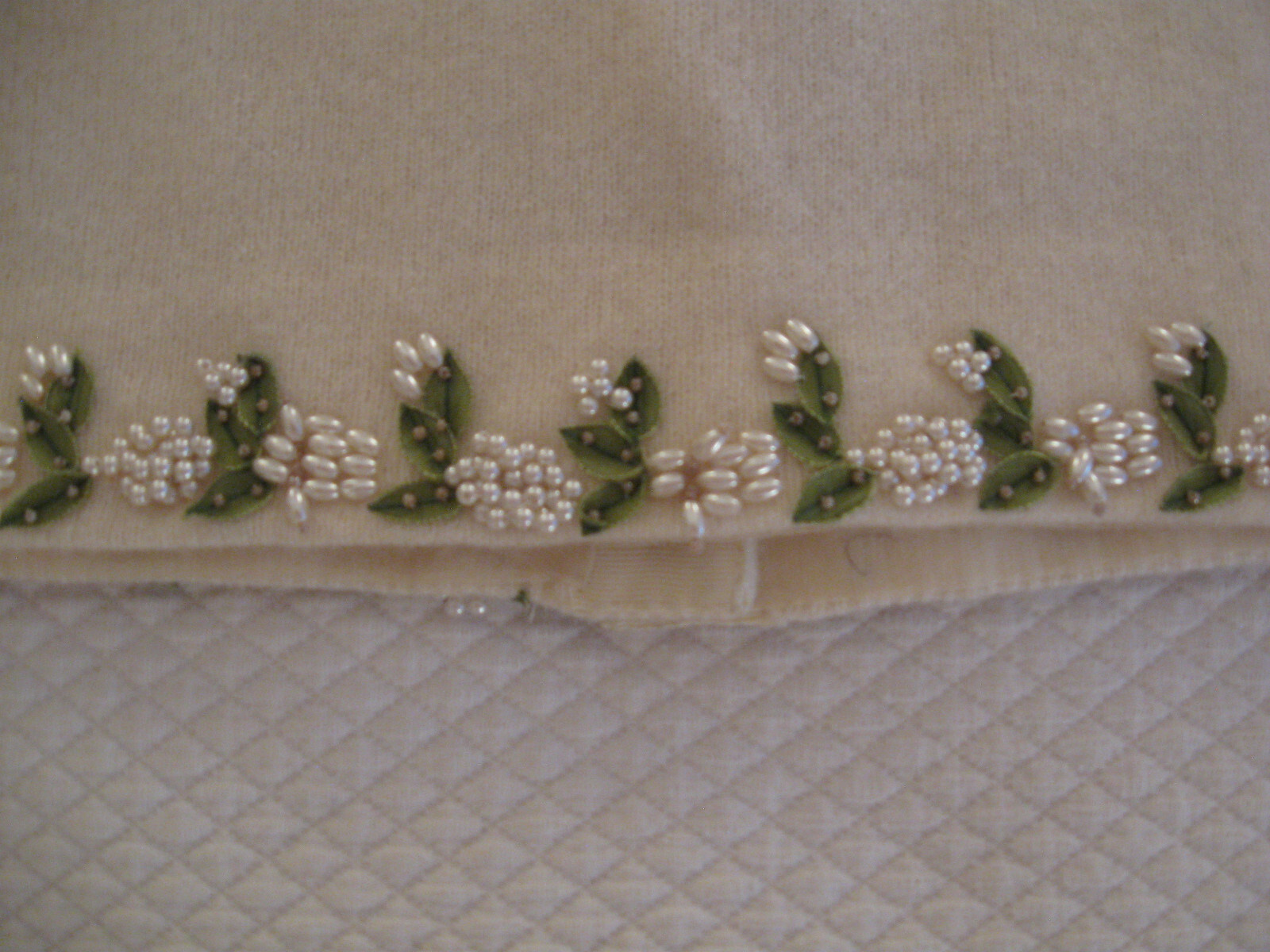 Vintage Dalton Virgin Cashmere Cardigan Sweater- Ivory, Silk Applique & Beadwork