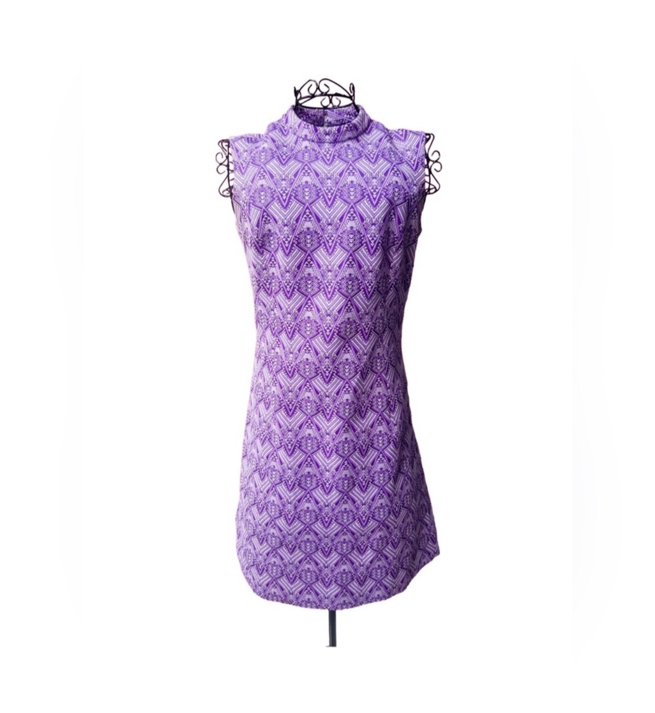Vintage 60s Handmade Purple Mod Mini Dress Sleeveless High Neck Geometric Print
