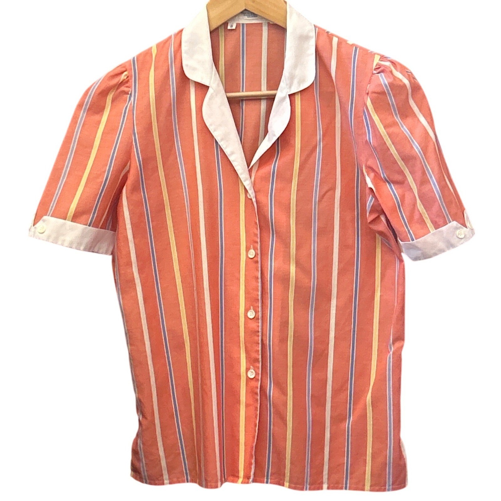 Vintage Stripe Blouse Retro Mod Preppy Peter Pan Collar Puff Sleeve Coastal Chic