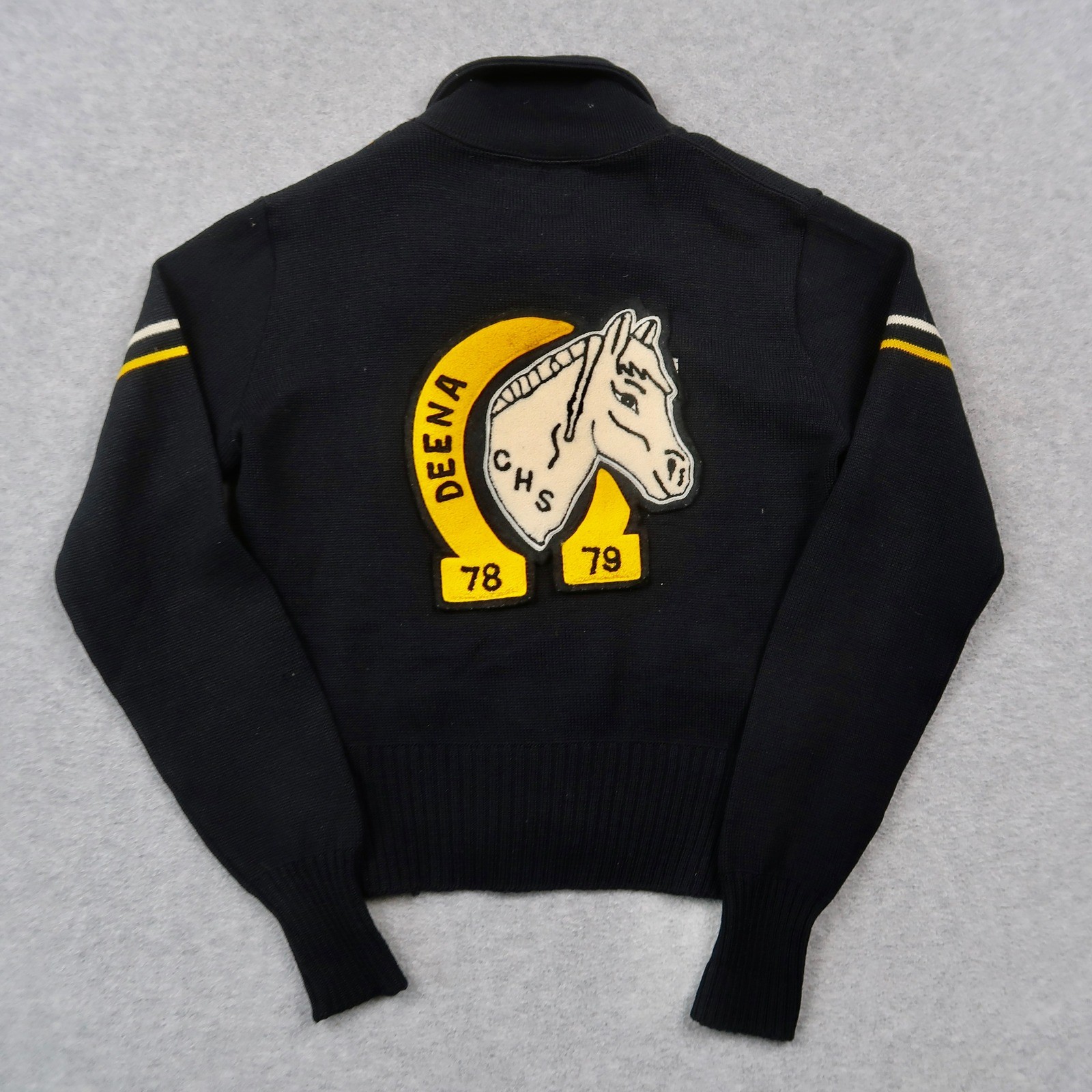 Vintage 70s Lasley Knitting Co Wool Full Zip S Sweater Black Yellow Stripe Talon