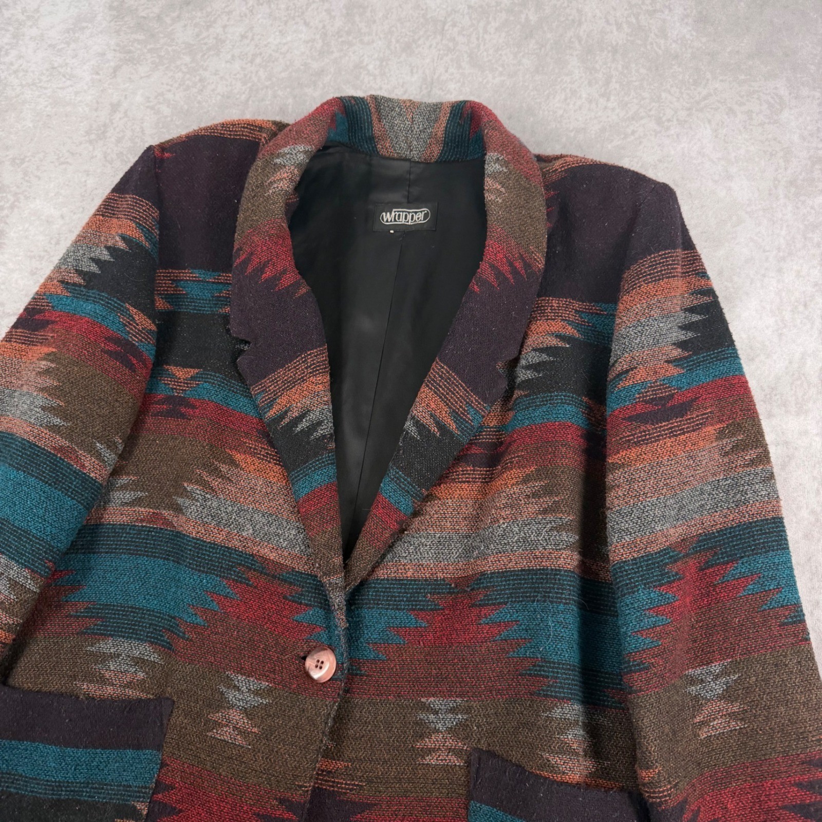Vintage Wrapper USA Southwestern Aztec Blanket Blazer Jacket Multi Color