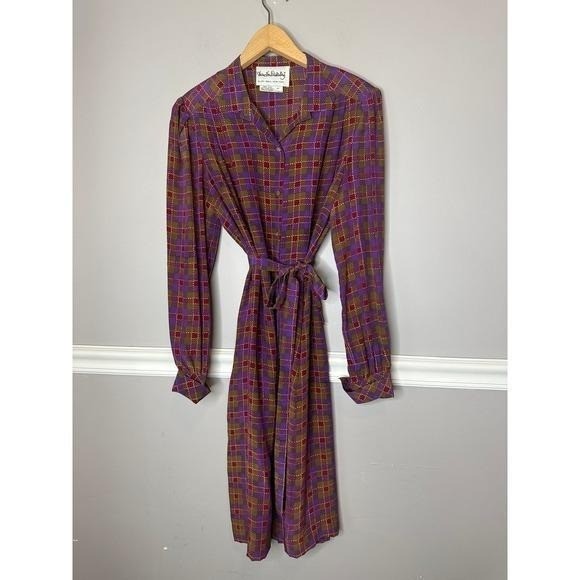VTG 70s Diane Von Furstenberg 100% Silk Plaid Midi Shirt Dress Purple Brown
