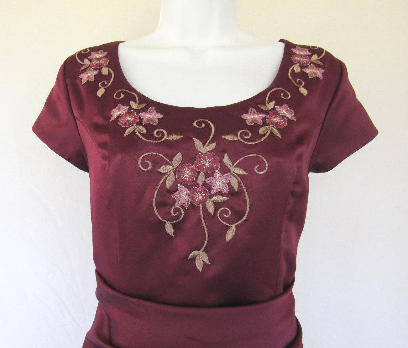VTG 1970s 80s SAKS FIFTH AVENUE EVENING FORMAL DRESS BURGUNDY WINE EMBROIDERY