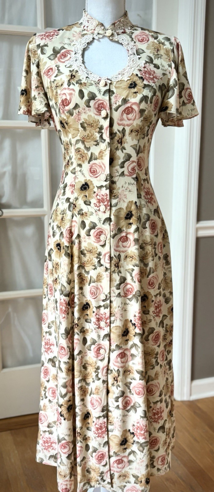 Vintage Joni Blair Floral Rayon Midi Dress Cottagecore Lace Keyhole Size 3