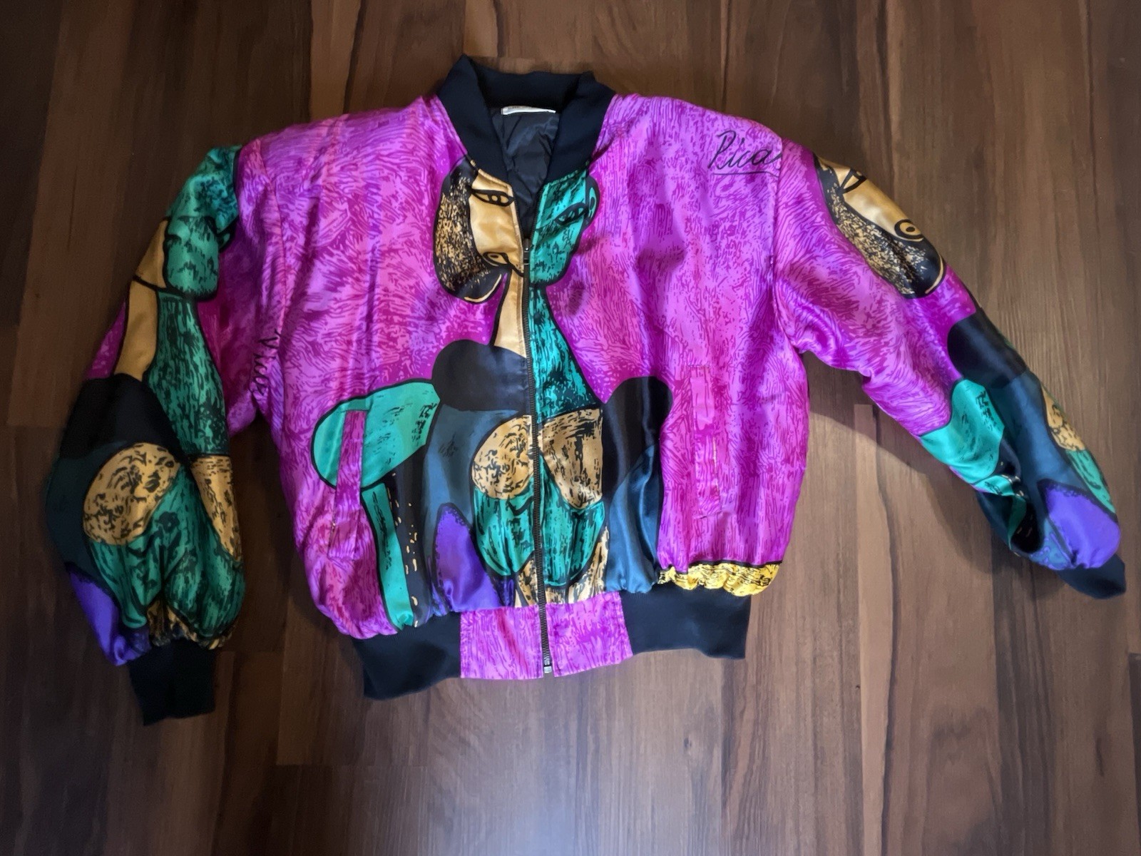 Vintage 1980s Silkworms Picasso Bomber Jacket Fuchsia Pink Colorful XL
