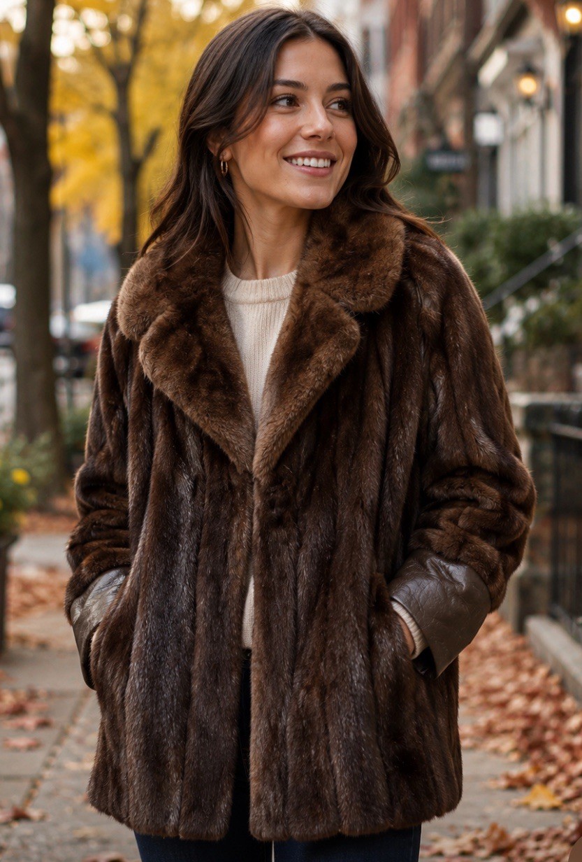 Vintage Brown Mink Fur Coat Striped With Leather Paneling Size M/L