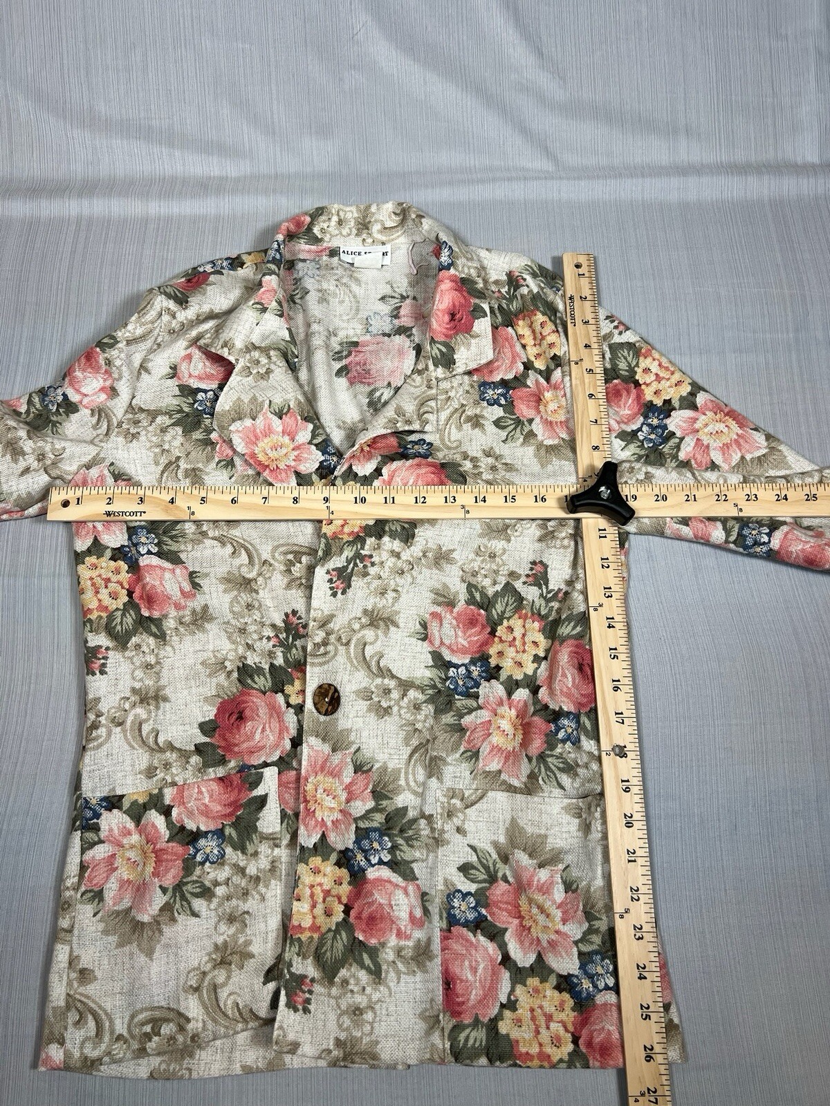 Vtg Alice Stuart Blazer Womens Small Pink Floral Linen Blend Cottagecore (A16)