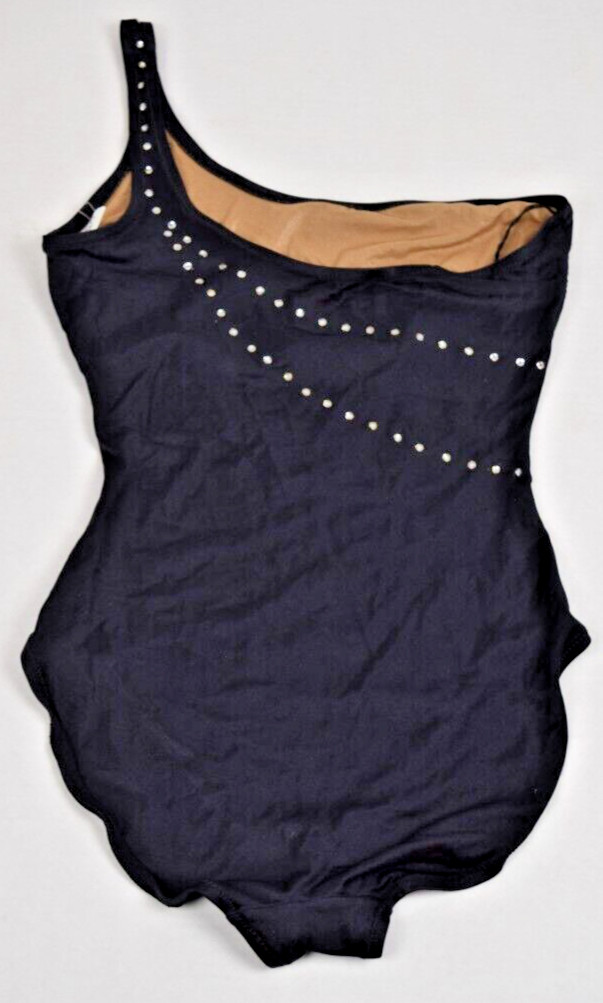 Vintage Swimsuit DeWeese Size 10/32 S/M 60s Black Rhinestone Stripes 1 Shoulder
