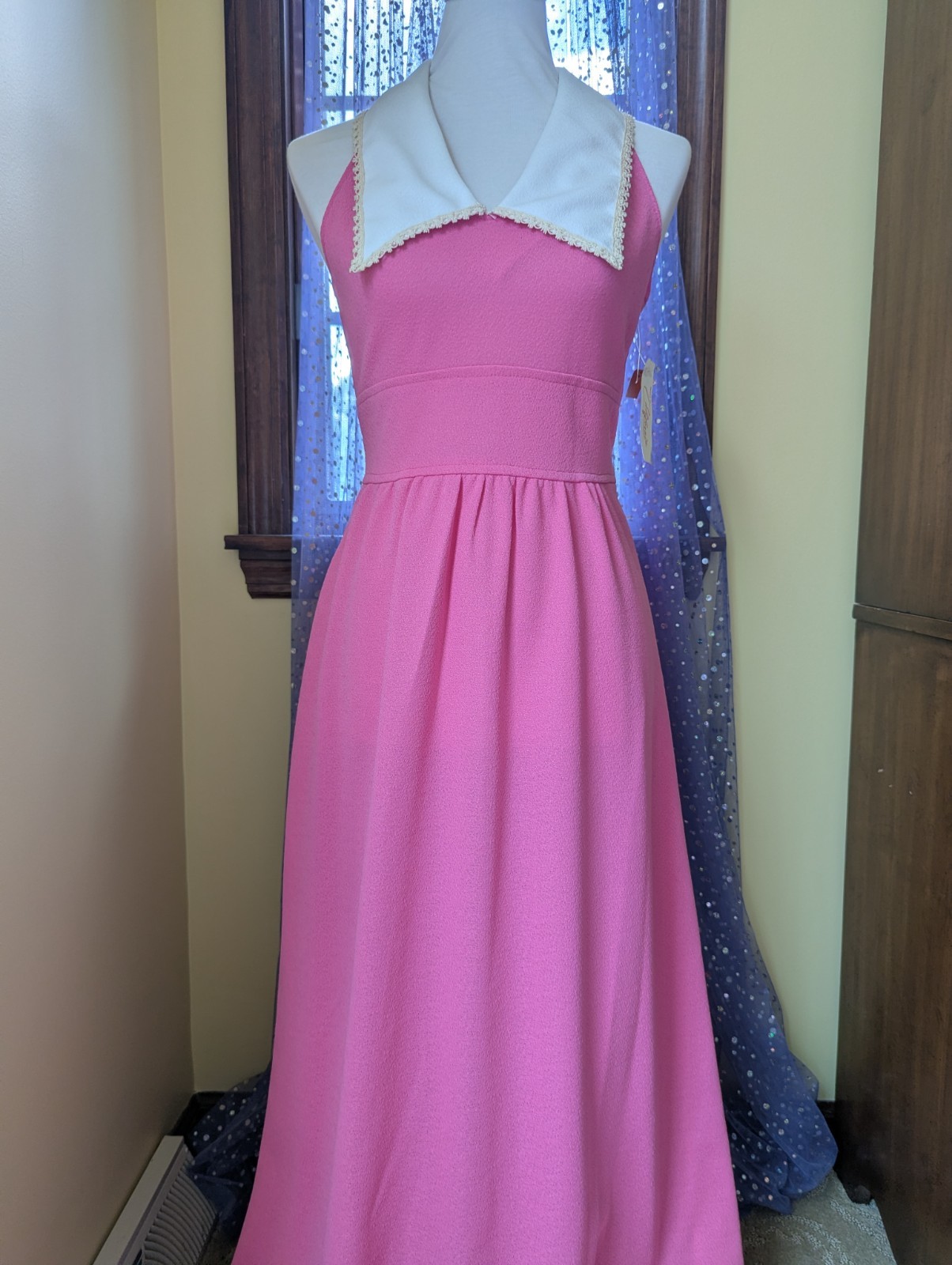 Vintage 70’s Joni Blair Of California Pink Dagger Collar Polyester Maxi Dress S