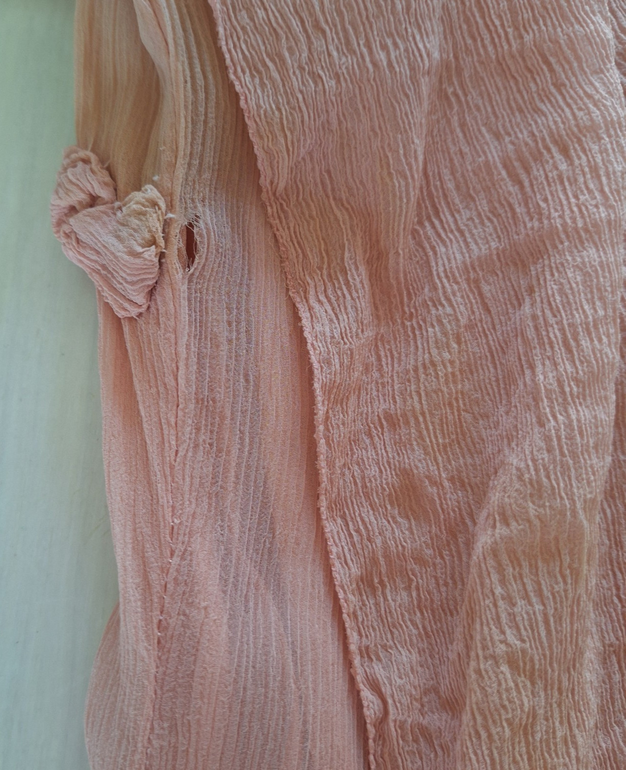 Antique 1930s Peach Chiffon Dress Rosette Trim Flutter Sleeve AS IS Art Deco