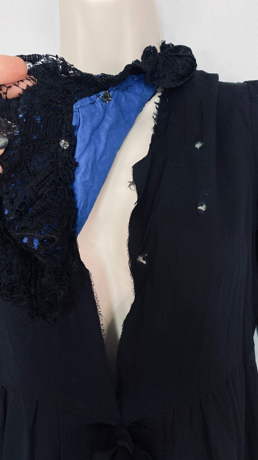 Vintage 1900s black dress XXS teen girls’ long puffed sleeves blue lace midi