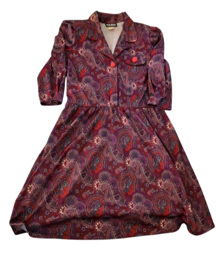 Vintage 70s Tabby of California Dress Size 12 Paisley Shirtdress Shoulder Pads