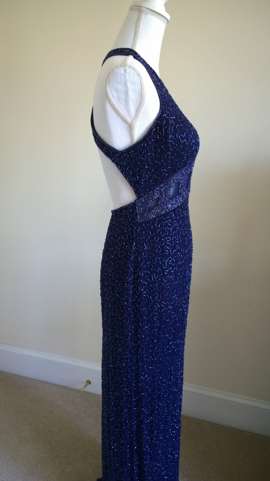 Vtg New Andretta Donatello Silk Beaded Formal Evening Gown Sexy Dark Blue Sz M