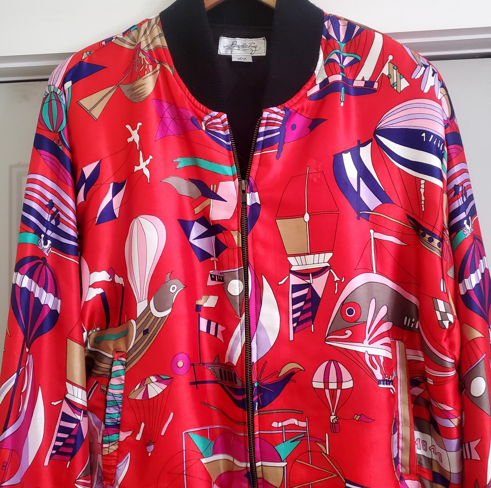 Rare Vintage 80s Angela Tong Satin Bomber Hip-Hop Jacket Red Balloon Print Large