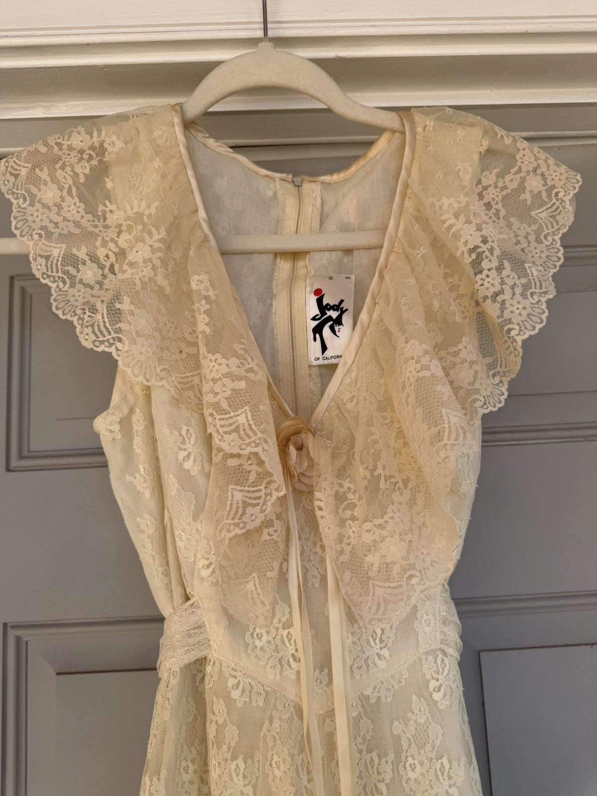 Vtg 70s Jody T Of California Ivory Blush Lace Hi Low Maxi Wedding Festival Dress