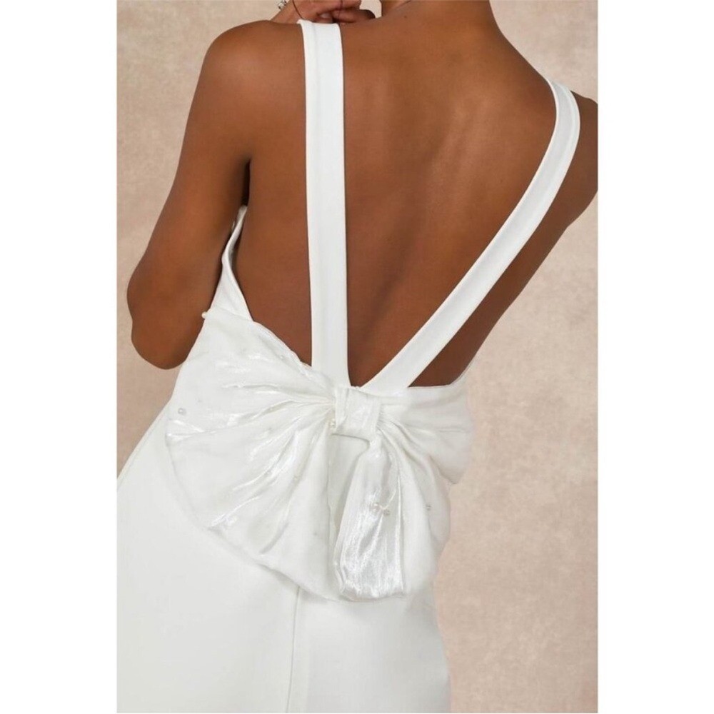 NWT- Romantic Glow White Backless Pearl Bow Maxi Dress