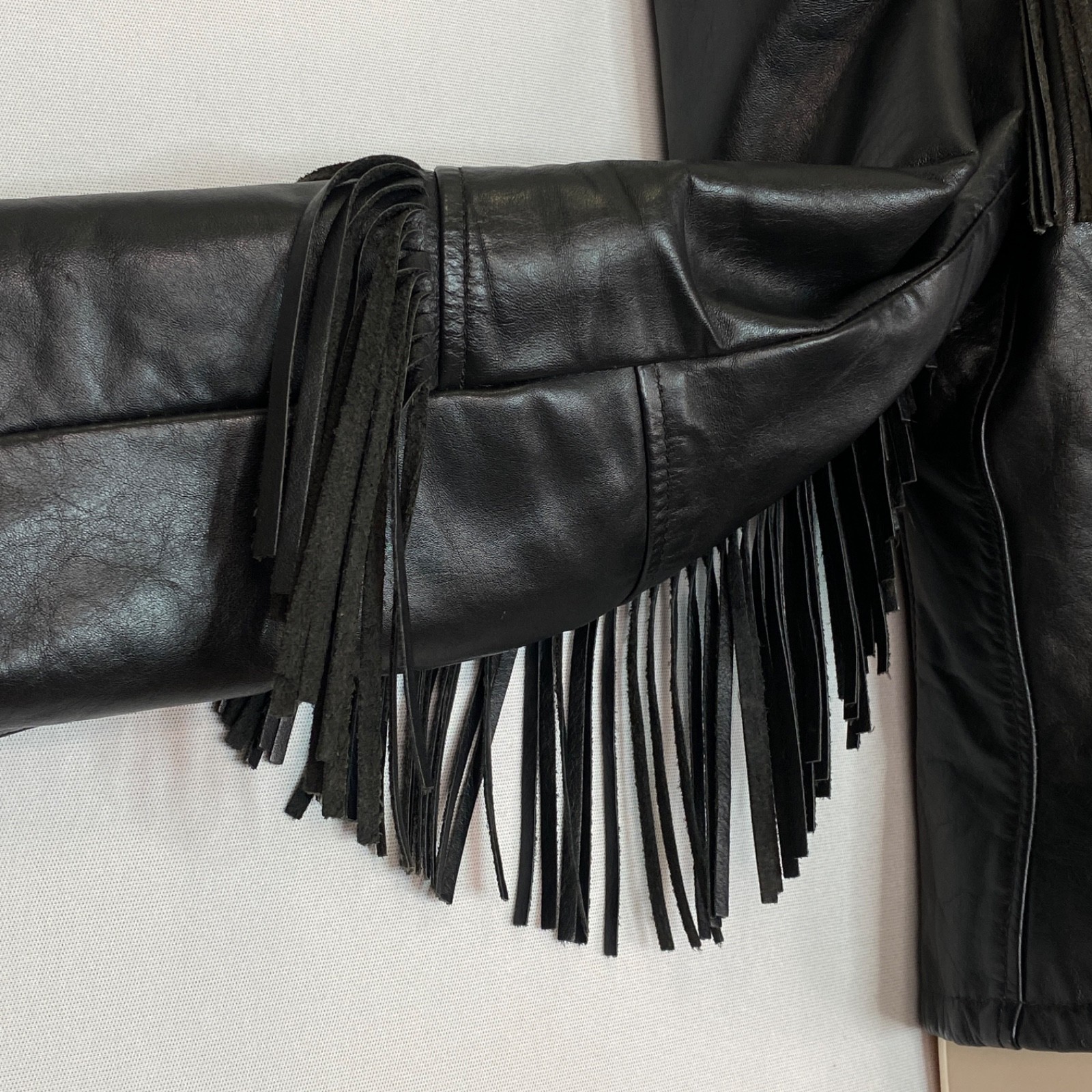 Vintage black leather fringe jacket women’s S M moto rocker biker TAURUS