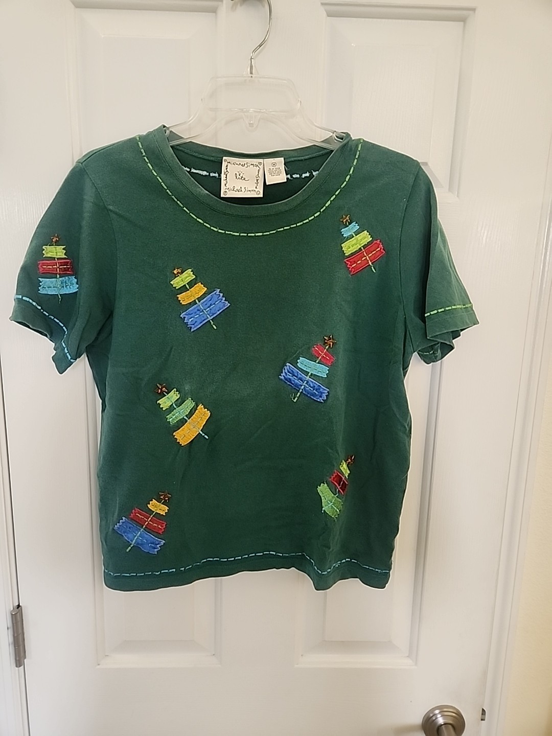Vintage Michael Simon Lite Embroidered Cotton Christmas Tree Med Short Sleeve