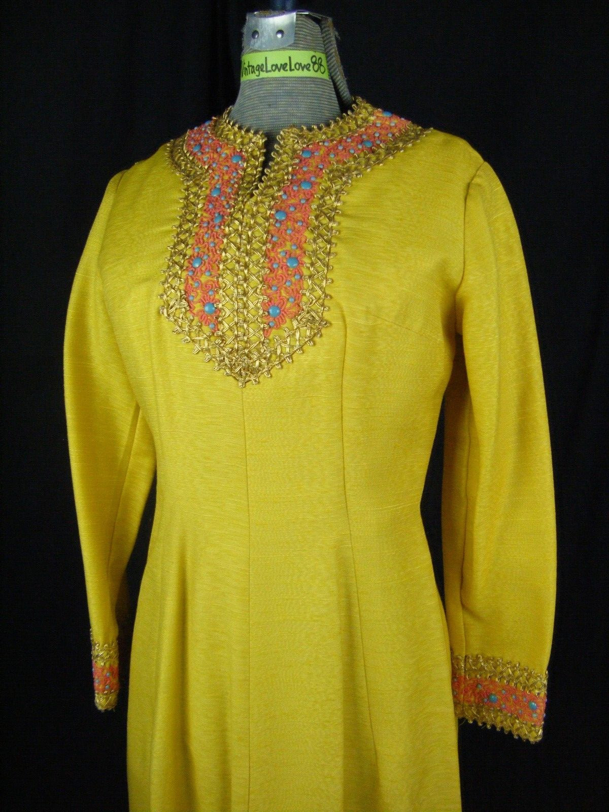 EMMA DOMB Vtg 60s Yellow Crepe Jeweled Embellishment Dress-Bust 36/S,AS-IS