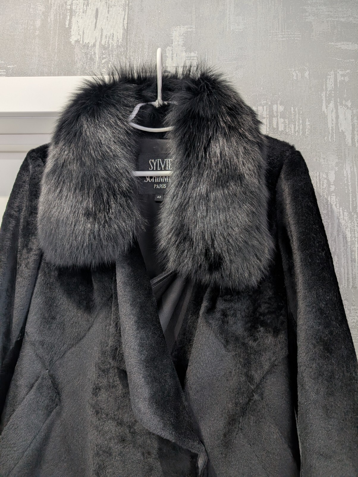 Sylvie Schimmel Pieton France Vintage Black Lamb Shearling Fox Fur Coat Jacket M