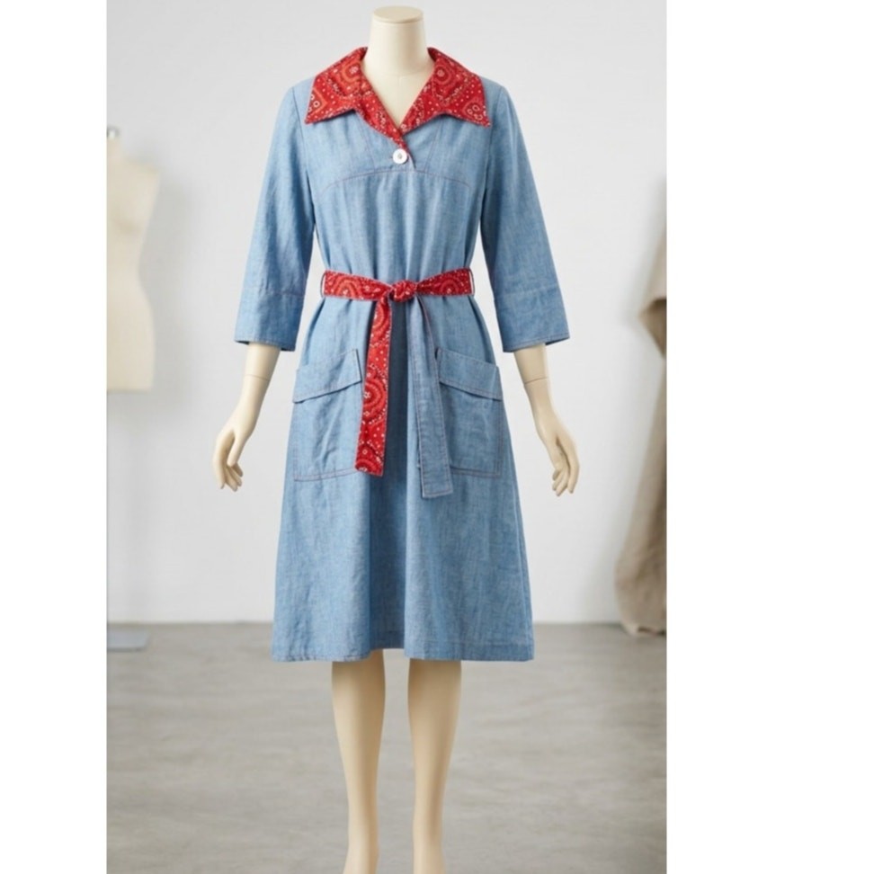Vintage Blue Denim Look Dress Bandana Print Western Boho Costume LA