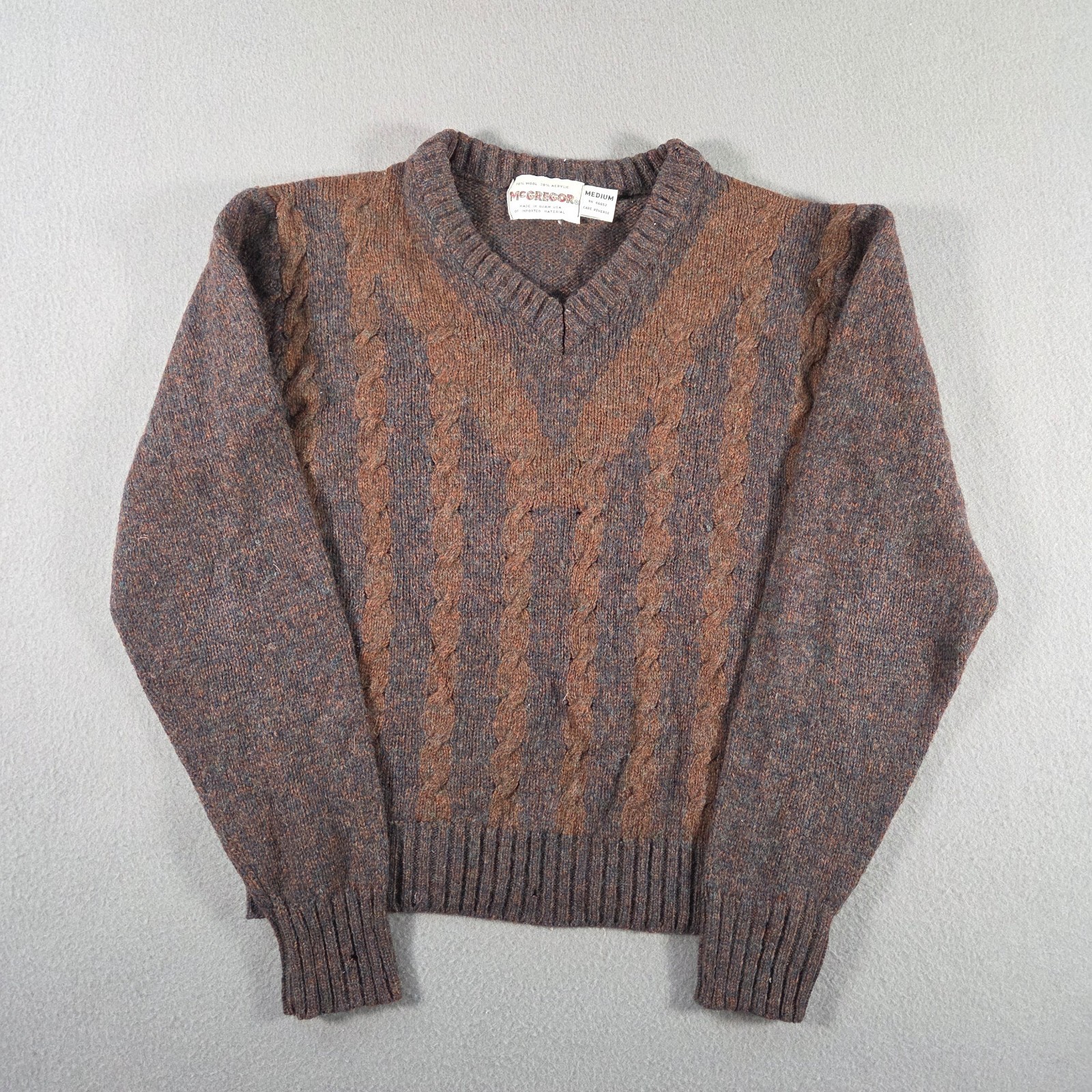 Vintage McGregor Sweater Womens Medium Brown Wool Cable Knit V Neck Pappy