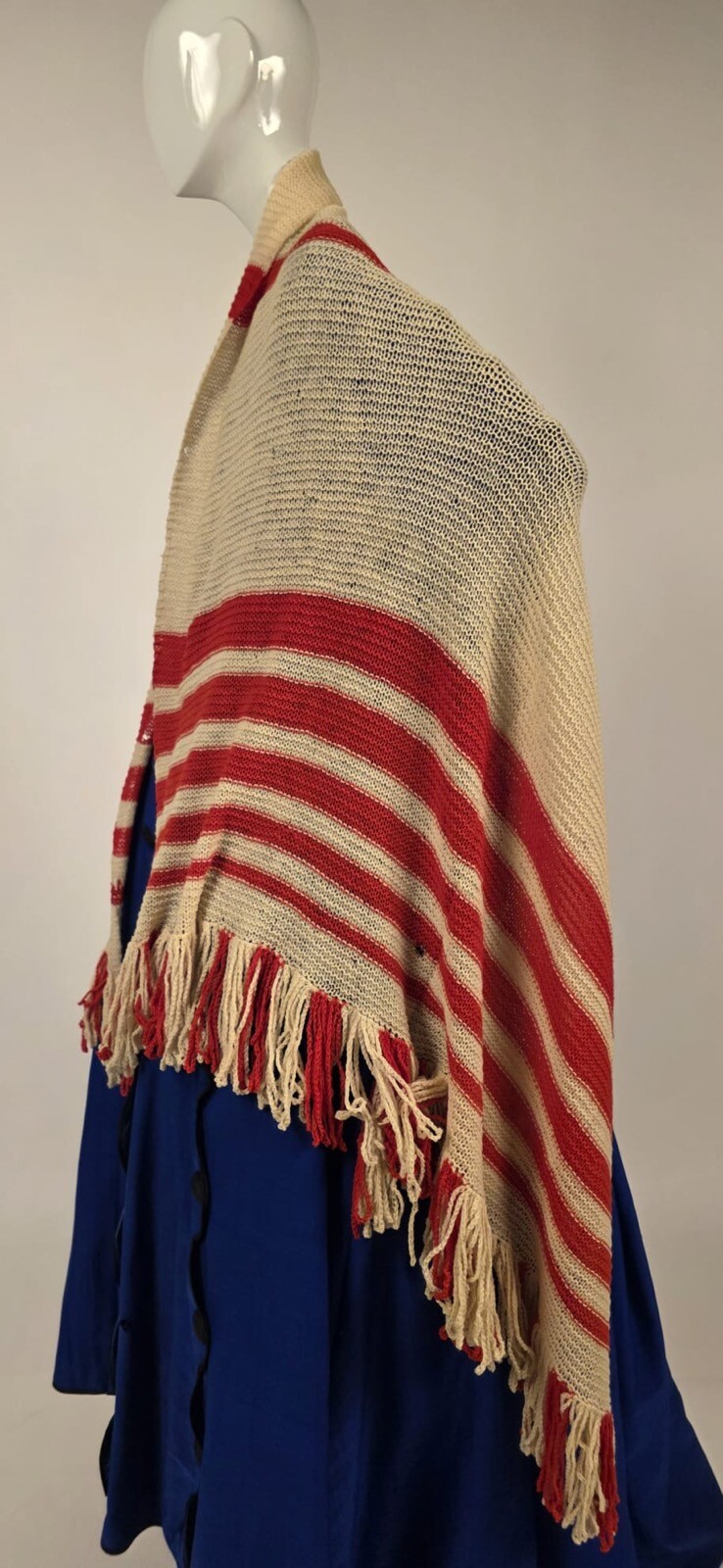 CIVIL WAR 1860’S RED + WHITE HAND KNIT WOOL SHAWL FOR DRESS W FRINGE EDGING