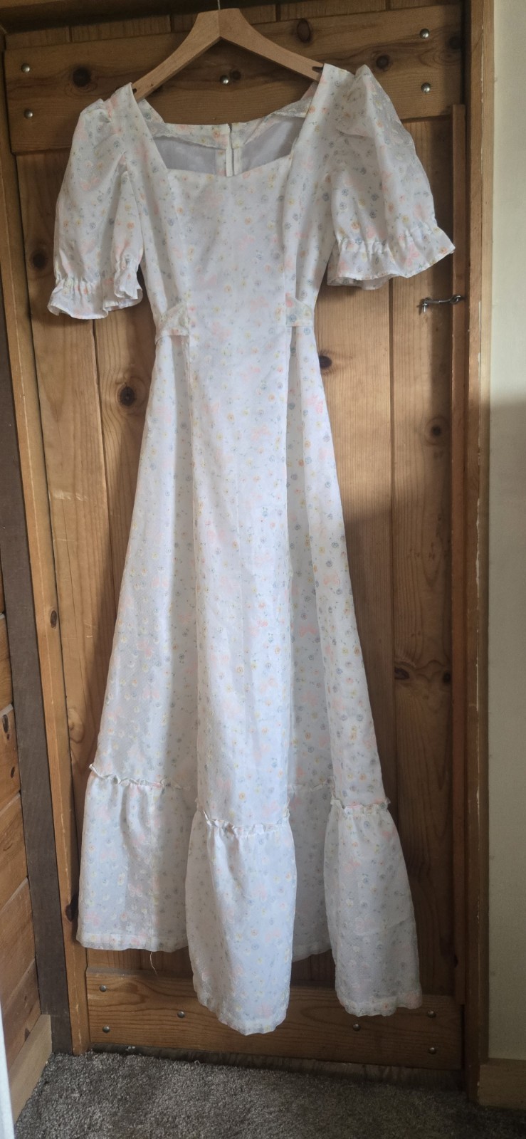 VTG Maxi Prairie Dress Ruffle Cottagecore Dotted Swiss Butterfly Flowers Sz Med