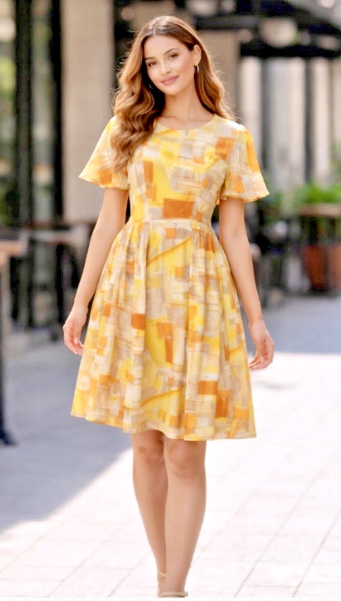 Vtg 60’s MCM Women’s S Mod Day Dress Abstract Geometric Print Flutter Sleeve EUC